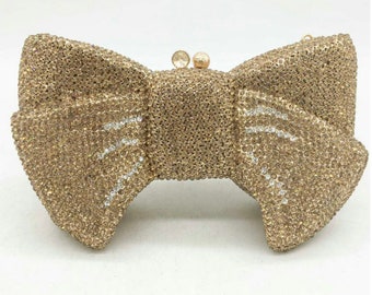 In STOCK!! LAST ONE!!! Swarovski crystal Gold Bow Novelty cute kitsch shape Metal case box clutch bag - xmas gift!