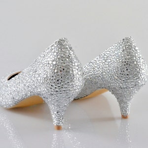 Swarovski Crystal Glitter Silver Custom Bridal Low Kitten Heel Pointed ...