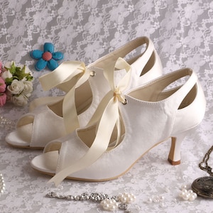 Custom Vintage Victorian style low mid heel bridal peeptoe satin cut out ankle boot with satin ribbon tie-up - 14 colours