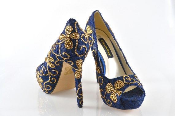 Royal blue and gold high heels cheap