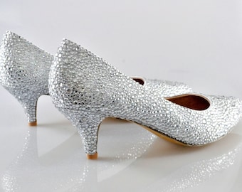 Swarovski Crystal Glitter Silver Custom Bridal Low kitten Heel pointed Stiletto Luxury White Leather Pump