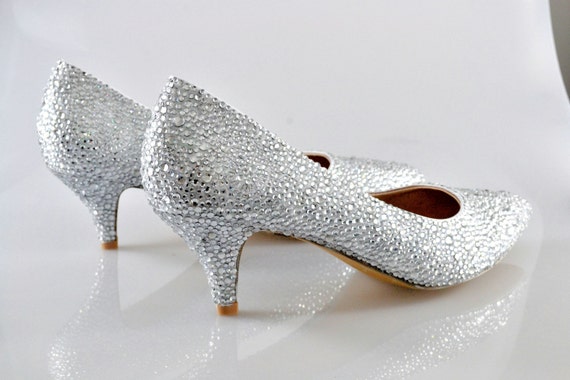 Swarovski Crystal Glitter Silver Custom Bridal Low kitten Heel | Etsy