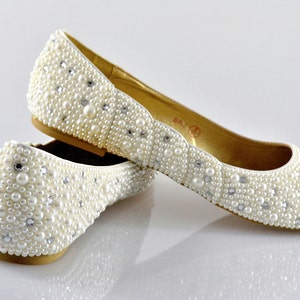 Custom Bespoke Swarovski pearl Ivory cream crystal encrusted embellished wedding Bridal Ballerina Flat shoes