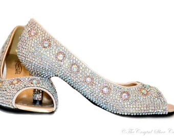 Swarovski Silver AB Crystal Wedding Bridal Champagne Nude peeptoe Low Heel sandal heel