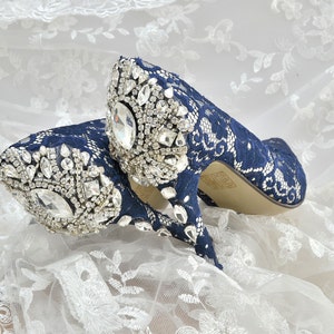 Swarovski Crystal Vintage Court Navy Blue Velvet Lace & Crystal Back ...