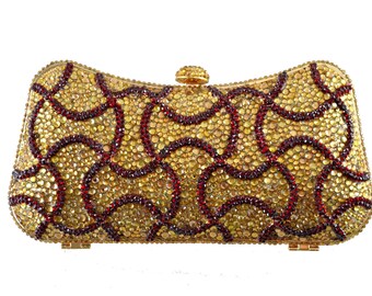 Swarovski ELEMENTS Gold Maroon Burgundy red Swirl floral pattern Crystal Minaudiere Metal rectangle clutch purse bag