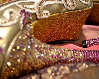 Custom Swarovski Crystal Indian Bridal Wedding Platform peeptoe Heel Pink metallic Gold glitter sole Lace Pump