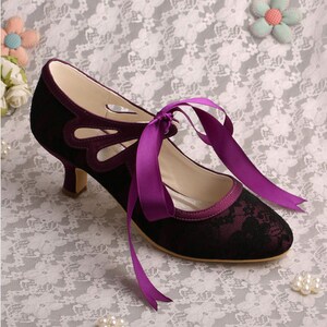 Custom handmade Ivory White Purple Black Plum satin bow tie front Low kitten heel bridal wedding lace ankle mary jane boot court