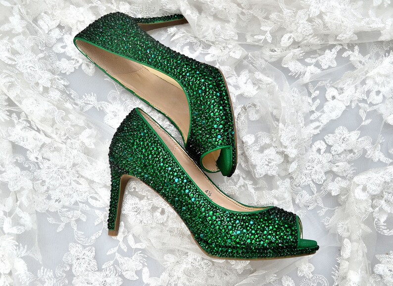 Swarovski Crystal Emerald Green Bridal Mid Heel Luxury Custom - Etsy