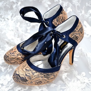 Custom handmade Navy Blue satin & gold lace bow tie front mid heel bridal wedding ankle mary jane dorsay court