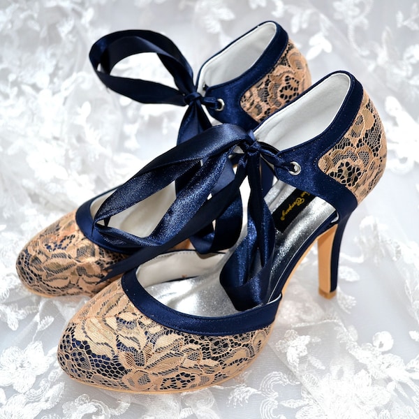 Custom handmade Navy Blue satin & gold lace bow tie front mid heel bridal wedding ankle mary jane dorsay court