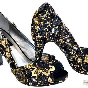 Swarovski Crystal Cinderella Black Gold Peeptoe Platform Bridal Wedding ...