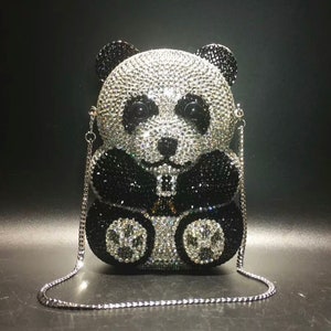 Swarovski crystal Black and White Panda bear cute kitsch shape Metal case box clutch bag - valentine gift!