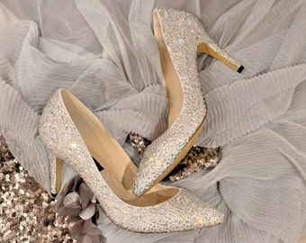 Swarovski Crystal White Silver Cinderella Glitter Bridal Mid Heel Stiletto Corset Luxury White Leather Court Pump