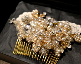 Swarovski kristal Rose Gold Pearl ivoor Lace Classic Vintage Gatsby Bridal haar kam stuk schuif fascinator