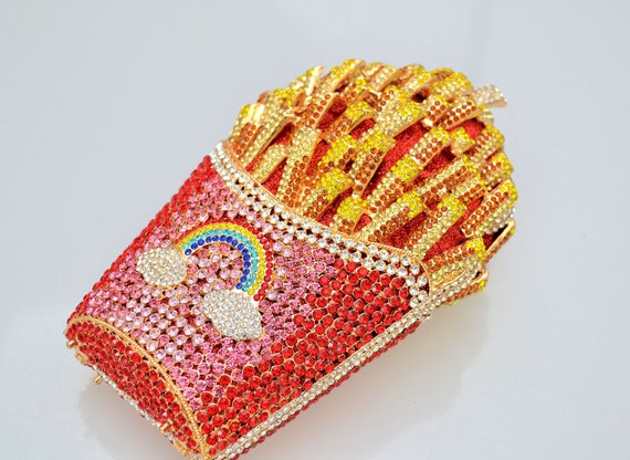 Swarovski Crystal Pink Gold Red French Fries Novelty Rainbow Sweet Princess Cute Kitsch Shape Metal Case Box Clutch Bag Purse - Gift!