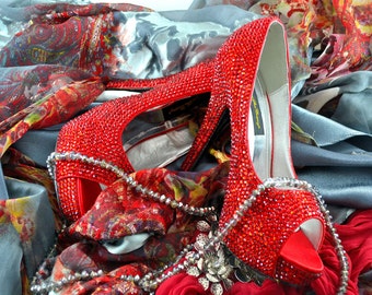 Swarovski Crystal Glitter Red Indian asian Bridal High Heel Stiletto Corset Luxury Peeptoe Platform satin Pump