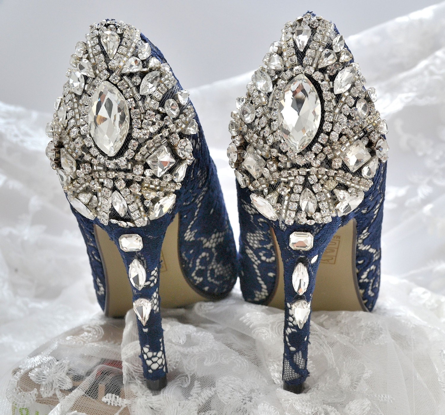 Navy jewelled shoes sales