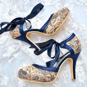 Custom Handmade Navy Blue Satin & Gold Lace Bow Tie Front Mid Heel ...