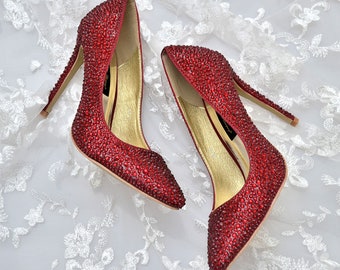 Custom Swarovski Burgundy Claret Red crystal encrusted embellished wedding Bridal high heel court pump shoes