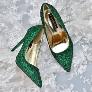 Swarovski Crystal Emerald Green gold Bridal High Heel Luxury Custom Pointed Leather Pump court