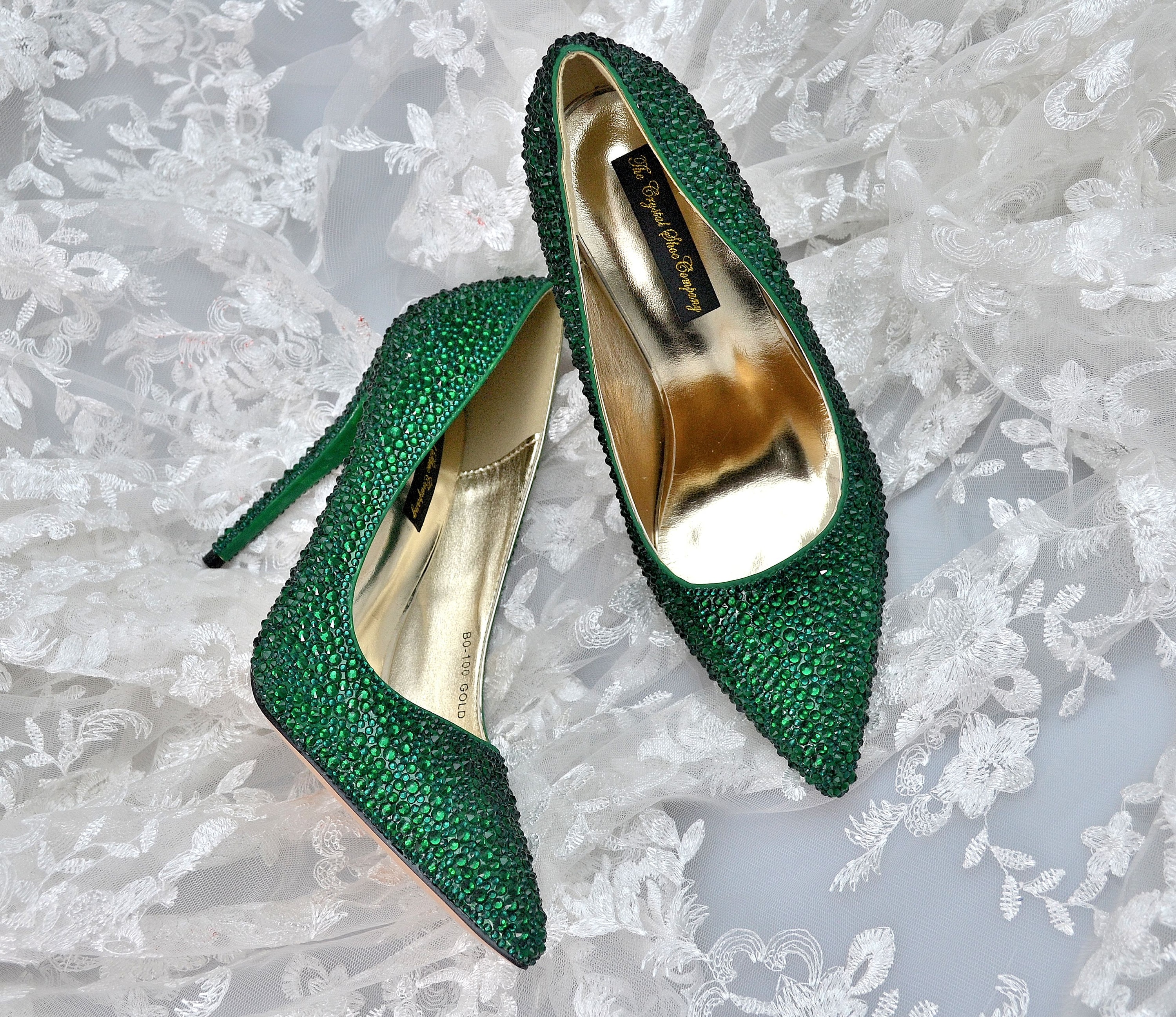 Radiant Emerald Green Rhinestone High Heel Slouch Knee High Boots