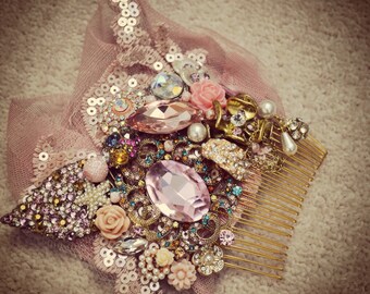 Swarovski crystal Pink and Gold Crystal & Lace Net Classic Vintage Bridal Hair Comb Piece Slide