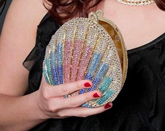 Swarovski crystal sea Shell Opal pink multi novelty cute kitsch shape Metal case box clutch purse bag gift