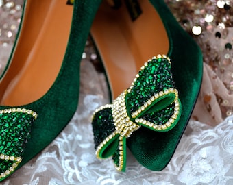 Custom Swarovski crystal Bottle emerald Green pure Velvet Suede bridal Wedding Bow Court Low heel shoe pump