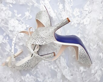 Swarovski silver clear and metallic silver crystal wedding bridal peeptoe ankle strap high heel sandals with royal blue sole