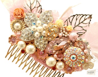 Swarovski crystal Baby Pink Gold Ivory Silver Gatsby Feather 1920s Crystal Classic Vintage Bridal Hair Comb Piece Slide