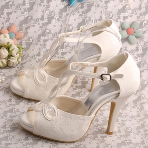 Custom handmade ivory white red black t-strap satin lace peeptoe platform heel bridal wedding ankle court