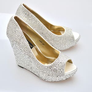 Custom Silver swarovski crystal wedding bridal high Heel Peeptoe platform Wedge