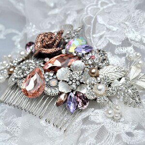 Swarovski crystal Peach Champagne Lilac Tanzanite and Silver Classic Gatsby Vintage rose Bridal Hair Comb Piece Slide