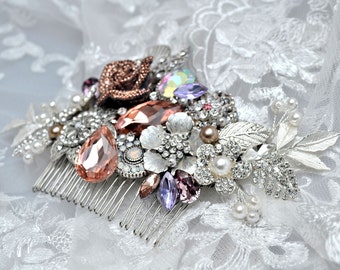 Swarovski crystal Peach Champagne Lilac Tanzanite and Silver Classic Gatsby Vintage rose Bridal Hair Comb Piece Slide