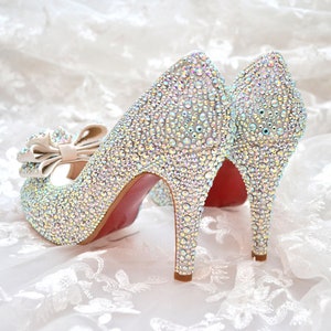 Swarovski AB Multi Crystal Bridal High Heel Peeptoe Ivory Dorsay Satin ...