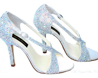 Swarovski Aurora Borealis AB crystal wedding bridal peeptoe strappy high heel sandals
