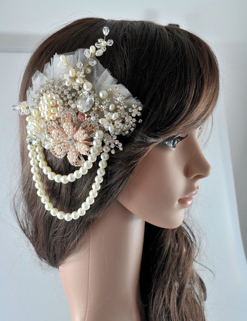 Swarovski crystal Rose Gold Silver White Crystal & Lace Tulle Net Pearl Classic Vintage Bridal Hair Comb Piece Slide - .br Swarovski crystal Rose Gold Silver White Crystal & Lace Tulle Net Pearl Classic Vintage Bridal Hair Comb Piece Slide - .br