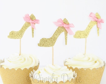 Gold Glitter High Heel Cupcake Toppers, Bridal Shower Gold Glitter Cupcake Topper, Party Decorations, Wedding