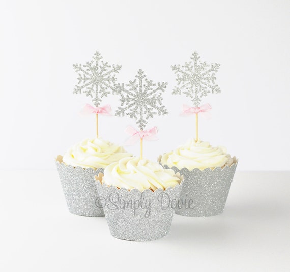 Snowflake Cupcake Topper Silver Glitter Snow Flake Frozen