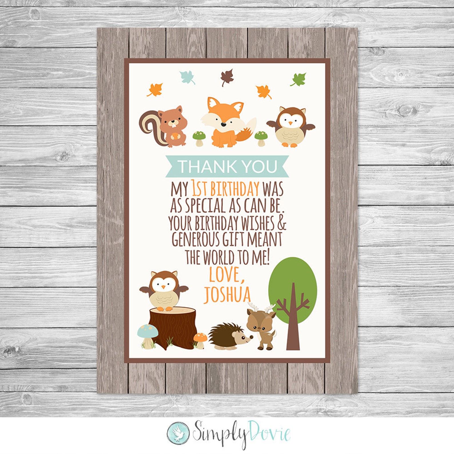 Woodland Birthday Thank You Card Printable Woodland Thank Etsy