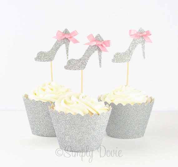 Silver Glitter High Heel Cupcake Toppers Bridal Shower Silver