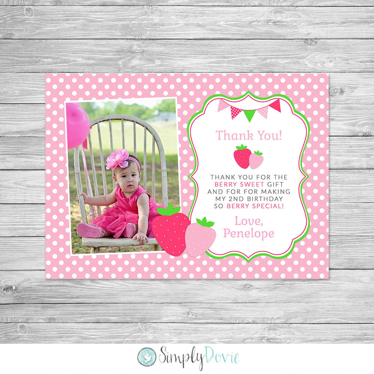 Strawberry Birthday Thank You Card Printable Strawberry Thank Etsy