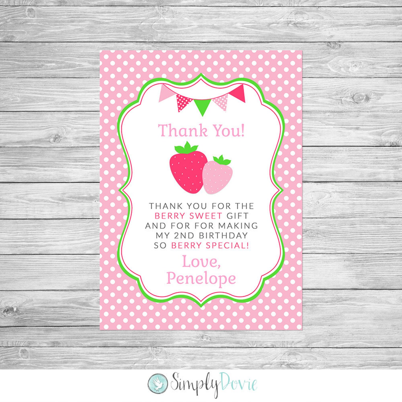Strawberry Birthday Thank You Card Printable Strawberry Thank Etsy
