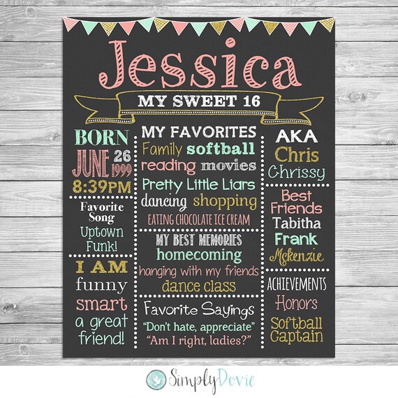 Sweet 16 Birthday Chalkboard Poster of Favorite Things Printable- 16th Birthday Chalkboard Sign Il_570xn