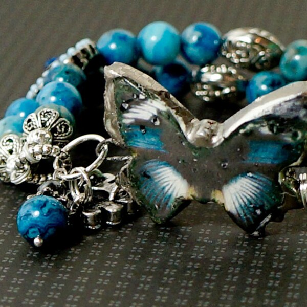 Blue Jewelry  Bohemian Jewelry, Blue Butterfly bracelet, Blue Beaded Bracelet, Butterfly bracelet, Blue Agate bracelet, gemstones Silver