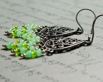 Jewellery Detailed Filigree Beaded Earrings Soft Light Green Earring Long Drop Statement Earrings Chandellier Style Bali inspired On Sale