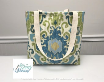 Blue and Green Medallion Tote, pretty tote bag, shoulder bag for women, made in USA, woman made, made in America, blue totebag,