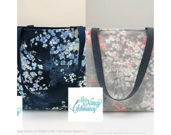 Blue or Gray Love Blossoms Tote, floral tote, blue tote bag, floral tote bag, gray tote bag, blue bag, handmade tote bag,
