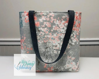 Ships Tomorrow! Gray Love Blossoms Tote, floral tote, blue tote bag, floral tote bag, gray tote bag, blue bag, handmade tote bag,